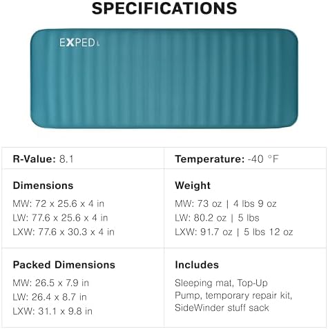 Exped MegaMat Medium Wide - Self Inflating Soft Car Sleeping Mat, 4” Foam Pad, Pump Included