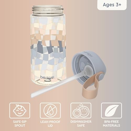 Bentgo Kids Water Bottle (Whimsy & Wonder Collection) - Leak-Proof Durable Tritan 15 oz. Cup for Kids/Toddlers 3+; Flip-Up Safe-Sip Straw for School, Sports, Daycare, Camp & More (Checker Gradient)