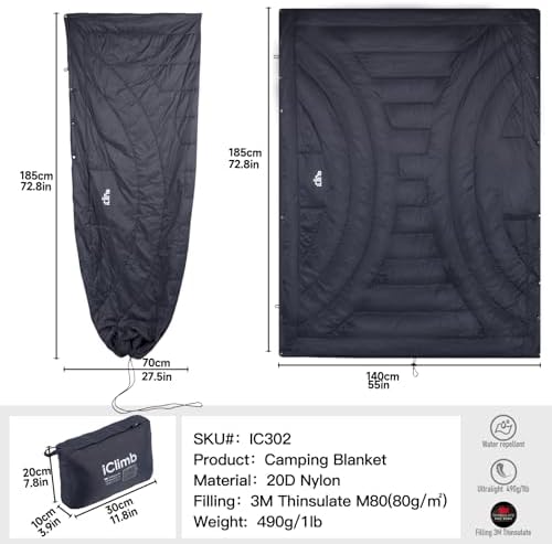 iClimb 3M Thinsulate Insulation Warm Camping Blanket Ultralight Compact (Blue)