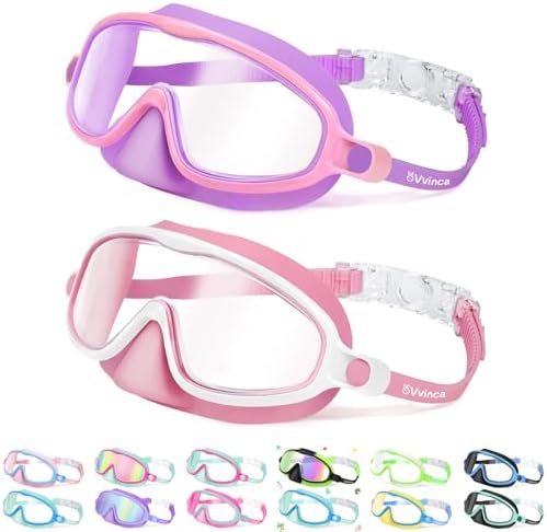 Vvinca 2 Pcs Kids-Swim-Goggles with Nose Cover, Swimming Diving Mask Wide View Anti Fog UV Anti Shattered Lens for Kids 3-6