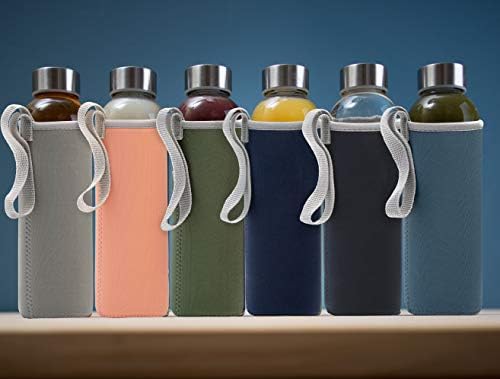 Epica 18oz Glass Water Bottles, Reusable Glass Juice Bottles with Lids, Set of 6 with Sleeves, Gym, Office