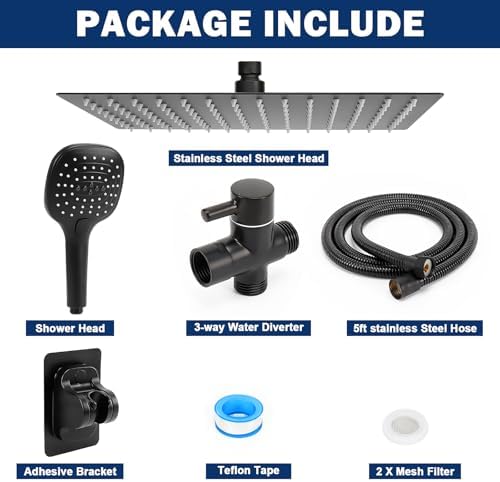 NearMoon Shower Head with Hose, High Pressure Stainless Steel Rain Shower and 3 Settings Handheld Spray Combo with Push Button Flow Control (12 Inch Showerhead Set, Matte Black)