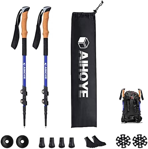 Aihoye Trekking and Walking Poles - 2 Pack Adjustable Collapsible Lightweight Sticks - Strong Aluminum7075, Quick Flip-Lock Mechanism and Comfortable Cork Grips