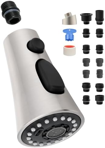 Universal Kitchen Faucet Head Replacement with 15 Adapter Kit Compatible with Kohler/Moen/Delta Faucet, 3 Function Pull Down Sink Faucet Spray Head, Brushed Nickel