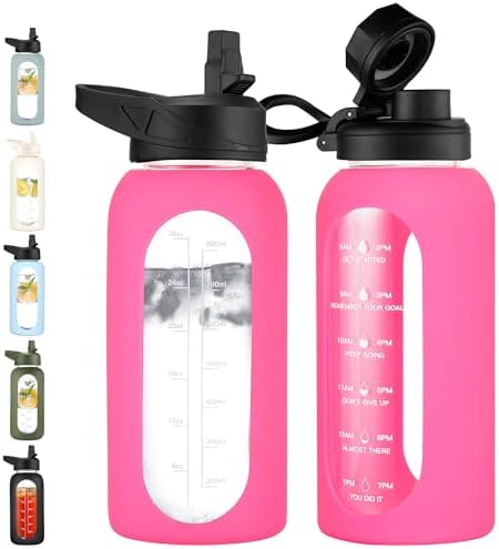 CIVAGO 32 oz Glass Water Bottle with Straw and Handle, Large Sports Motivational Water Bottle Flask with Time Marker and 2 Lids, Leakproof Water Jug Canteen with Silicone Sleeve for Gym,Camelia