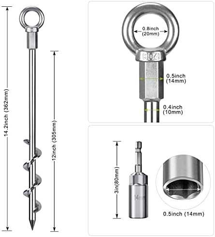 4 Pack Tent Stakes, 12 Inch Heavy Duty Ground Anchors, Fully Welded Spiral Earth Anchors for Camping Tents, Trampolines, Sheds, Swing Sets, Securing Animals