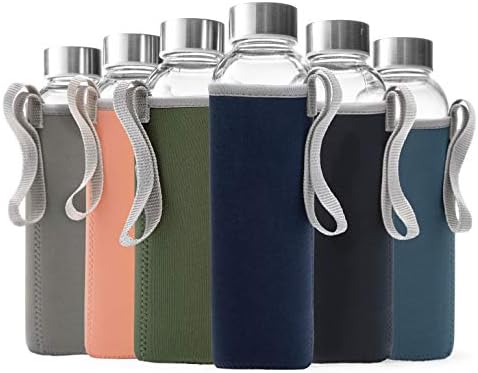 Epica 18oz Glass Water Bottles, Reusable Glass Juice Bottles with Lids, Set of 6 with Sleeves, Gym, Office
