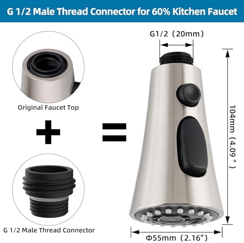 Universal Kitchen Faucet Head Replacement with 15 Adapter Kit Compatible with Kohler/Moen/Delta Faucet, 3 Function Pull Down Sink Faucet Spray Head, Brushed Nickel