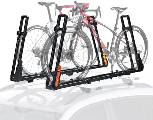 TOOENJOY Rooftop Bike Rack for Car SUV, Upright Roof Mount Bicycle Rack with 2 Arms for Movable Crossbar, 2 Bike Carrier
