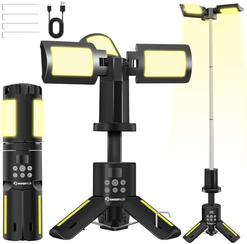 Telescopic Camping Lights with Stand, 5000LM Rechargeable LED Flashlight, 9 Color Modes, Collapsible Tent Lantern with Reflective Strips, Magnetic Base for Power Outages, Camping & Emergency