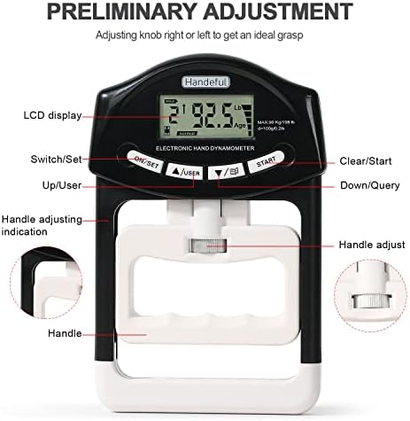 Handeful Grip Strength Tester Trainer - Dynamometer Handgrip Measurer Meter, Handheld Strengthener Exerciser for Sports, School, and Home Use (198Lbs / 90Kgs)