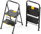 KINGRACK 2 Step Ladder, Sturdy Steel Step Stool with Safe-Lock Design, Handrail, Anti-Slip Wide Pedals, Pass 800lbs Load Testing, Folding Portable Ladder for Multi-Purpose, Home, Kitchen, Black