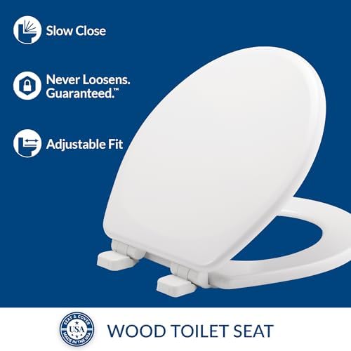 Mayfair Linden Slow Close Toilet Seat, Non Slip Heavy Duty Wood, Easy Install, Made in USA, Round, White, 2 Pack