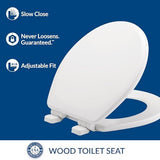 Mayfair Linden Slow Close Toilet Seat, Non Slip Heavy Duty Wood, Easy Install, Made in USA, Round, White, 2 Pack