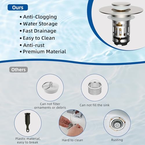Hibbent 2 Pack Upgraded 3 in 1 Bathroom Sink Drain Strainer, Universal Pop Up Stopper with Removable Stainless Steel Filter Basket Hair Catcher, Sink Plug for 1.1''~2.36'' Basin, Brushed Nickel
