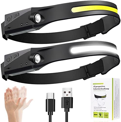 Headlamp Rechargeable 2Pack, Rechargeable LED Headlamp，230° Wide Beam,with Motion Sensor，5Brightness Modes, IPX6 Waterproof, High Lumen Headlight for Running,Repairing, Camping, Hiking, Fishing