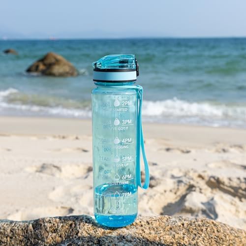 OLDLEY Water Bottle, 32oz Motivational Sports Water Bottle with Time Marker - Times to Drink - Tritan, BPA Free, Wide Mouth Leakproof,Surfer (1 Bottle)