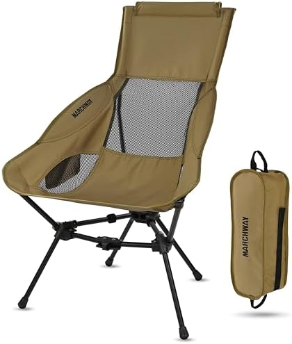 MARCHWAY Lightweight Folding High Back Camping Chair with Head Support, Stable Portable Compact for Outdoor Camp, Travel, Beach, Picnic, Festival, Hiking, Backpacking (Highback Khaki)