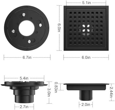 EXF Square Shower Drain 6 Inch Matte Black, Stainless Steel Shower Floor Drain Kit with ABS Flange, Removable Grid Grate, Hair Strainer, Not Fit for Bathtub