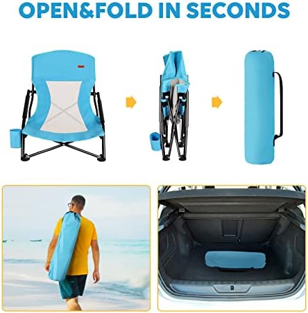 TOBTOS Low Beach Chair, Beach Chairs for Adults 2 Pack, Low Profile Folding with Cup Holder & Carry Bag, Heavy Duty Chair for Outdoor Sand, Camping, Concert, Travel