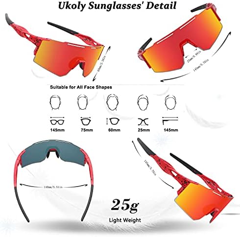 Ukoly Cycling Sunglasses for Men Women with 3 Interchangeable Lenses, Polarized Sports Sunglasses, Baseball Sunglasses