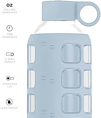 purifyou 40/32/22/12 oz Borosilicate Glass Water Bottles with Volume Markers, Silicone Sleeve, Stainless Steel Lid, Reusable Bottle for Water, Juice, Gym, and Fridge Storage (32oz Ice Blue)