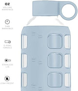 purifyou 40/32/22/12 oz Borosilicate Glass Water Bottles with Volume Markers, Silicone Sleeve, Stainless Steel Lid, Reusable Bottle for Water, Juice, Gym, and Fridge Storage (32oz Ice Blue)