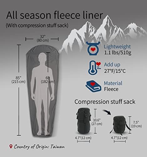 All Season Fleece Sleeping Bag Liner Adds Up to 27°F/ 15°C, Lightweight Mummy Sleeping Sack for Cold Weather and Winter Backpacking, Camping, Traveling with Drawstring Hood and Stuff Sack E629