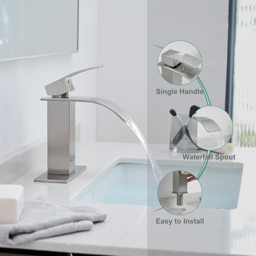 VOTON Waterfall Bathroom Faucets Brushed Nickel Modern Single Handle Sink Faucet for 1 or 3 Holes with Deck Plate and Pop-Up Drain, Rv Sink Camper Farmhouse Faucet