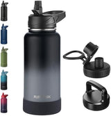 32oz Insulated Water Bottle with Straw, Stainless Steel Metal Vacuum Water Flask, Large Thermos Water bottle with Leakproof 3 Lids for Travel, Camping, Gym Sports Black Gray