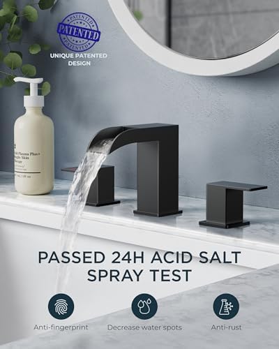 FORIOUS Square Matte Black Waterfall Bathroom Faucets 3 Hole, 8 Inch Widespread Bathroom Sink Faucet with Metal Pop-up Drain and Supply Lines, Two Handles for Vanity, Lavatory, Restroom