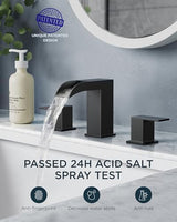 FORIOUS Square Matte Black Waterfall Bathroom Faucets 3 Hole, 8 Inch Widespread Bathroom Sink Faucet with Metal Pop-up Drain and Supply Lines, Two Handles for Vanity, Lavatory, Restroom