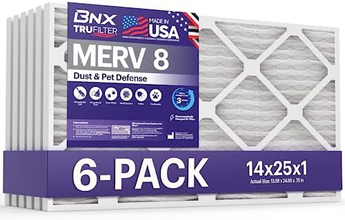 BNX TruFilter 14x25x1 Air Filter MERV 8 (6 Pack) - MADE IN USA – Dust & Pet Defense Electrostatic Pleated Air Conditioner HVAC AC Furnace Filters for Dust, Pet, Mold, Pollen MPR 600 – 700 & FPR 5