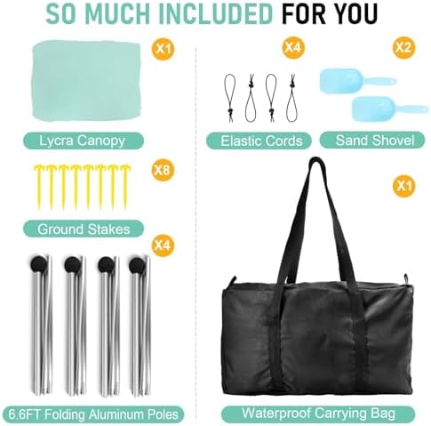 Beach Tent Sun Shelter Beach Canopy Tent Sun Shade Pop Up 10x10 UPF50+ with 8 Sandbags-2 Sand Shovel-Portable 4 Aluminum Poles-Ground Pegs-Easy Setup for Outdoor Family Camping Fishing Picnic