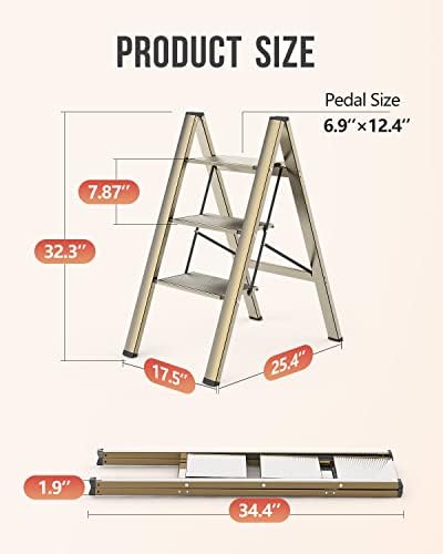 WOA WOA 3 Step Ladder, Foldable Step Stool, Aluminum Lightweight Ladder for Home Kitchen Closet, Anti-Slip Pedals, Ease of Folding, Portable, 300lbs Capacity - Gold