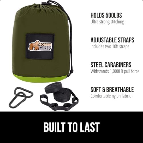 GORILLA GRIP Durable Portable Camping Hammock, Holds 500lbs with Heavy Duty Tree Straps, Comfortable Travel Swing, Camp Hammocks, Easy to Use and Install, Outdoor Essentials, Green, 10x6.5 FT