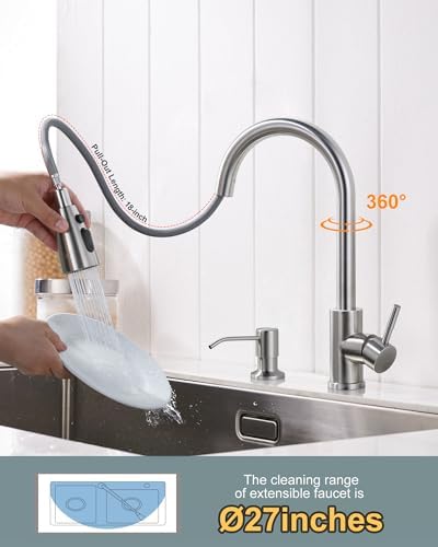 WOWOW Kitchen Faucet with Soap Dispenser: 304 Stainless Steel Kitchen Sink Faucet with Pull Down Sprayer 3 Modes, Single Handle High Arc Mixer Taps for Sink, RV, Laundry, Bar (Brushed Nickel)