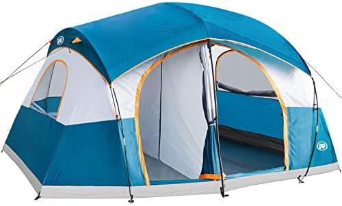 UNP Camping Tent 8/9 Person, Family Camping Tent, 5 Large Ventilation Mesh Windows, 14'x14'x78 inches Tall with Dividers Curtain for 2 Room
