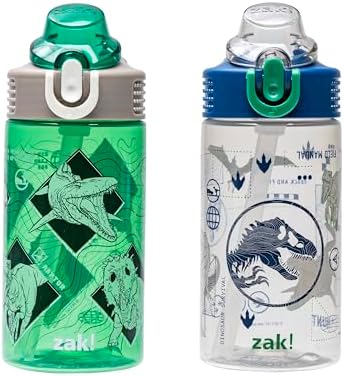 Zak Designs Jurassic World Dominion Movie Sage Kids Water Bottle For School or Travel, 16oz Durable Plastic Water Bottle With Straw, Handle, and Leak-Proof, Pop-Up Spout Cover, 2-Pack Set