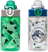 Zak Designs Jurassic World Dominion Movie Sage Kids Water Bottle For School or Travel, 16oz Durable Plastic Water Bottle With Straw, Handle, and Leak-Proof, Pop-Up Spout Cover, 2-Pack Set