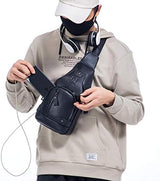 BULLCAPTAIN Genuine Leather Sling Bag with USB Charging Port Multi-pocket Chest Bag for Men Hiking Travel Daypack XB-129