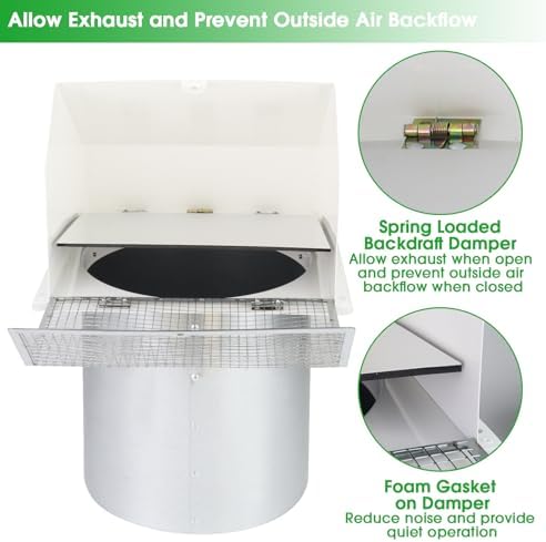 10 Inch Hooded Wall Vent with Screen and Damper, Outdoor Wall Exhaust Vent Cover Cap for Kitchen Range Hood Dryer Exterior Ventilation and Outside Air Exhaust, Galvanized Steel, White