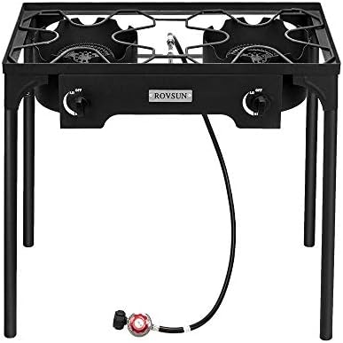Bonnlo 2 Burner Outdoor Portable Propane Stove Gas Cooker, Heavy Duty Iron Cast Patio Burner with Detachable Stand Legs for Camp Cooking (2-Burner 150,000-BTU)