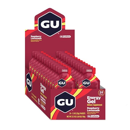 GU Energy Original Sports Nutrition Energy Gel, Vegan, Gluten-Free, Kosher, and Dairy-Free On-the-Go Energy for Any Workout, 24-Count, Raspberry Lemonade