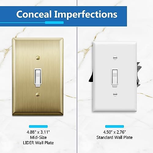 LIDER Toggle Light Switch Metal Wall Plate, Stainless Steel Switch Cover, Corrosion Resistant, Mid-Size 1-Gang 4.88" x 3.11", 201 Stainless Steel, LMWP-11M-BB, Brushed Brass