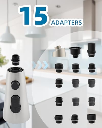 Hygie Rinse Stainless Faucet Head Replacement with 15 Adapters Compatible with Moen/Delta/Kohler Pull Down Kitchen Faucet, 3 Water Modes Kitchen Sink Faucet Sprayer Head, Brushed Nickel Finish