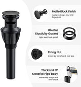 Bathroom Sink Drain with Overflow, Universal Bathroom Sink Stopper for Bathroom Vanity Vessel Sink, Rapid Draining Plastic Pop-up Sink Drain with Hair Catcher Anti-Clog Strainer, 2 Pack, Matte Black