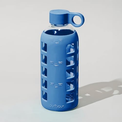 purifyou 40/32/22/12 oz Borosilicate Glass Water Bottles with Volume Markers, Silicone Sleeve, Stainless Steel Lid, Reusable Bottle for Water, Juice, Gym, and Fridge Storage (22oz Chinese Porcelain)