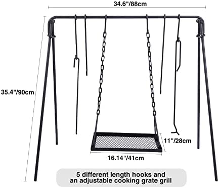REDCAMP Grill Swing Campfire Grill Stand with Iron Grill Grate, Collapsible Campfire Cooking Rack w/6 Hooks,Portable Cookware Hanging Rack Outdoor Camping Bonfire for Cookware & Dutch Oven,Rectangle
