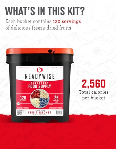 READYWISE - Emergency Food Supply, Fruit Bucket, 120 Servings, MRE, Premade, Freeze Dried Survival Food for Hiking, Adventure & Camping Essentials, Individually Packaged, 20 Year Shelf Life